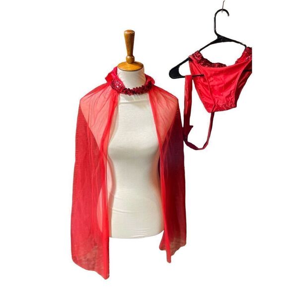 She Devil Sheer Cape with Sequined choker neck and hood with Gold Horns& Red pai - Picture 2 of 14